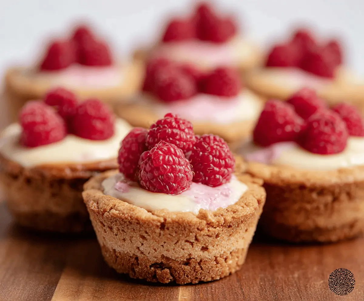 Delicious raspberry cheesecake cookie cups garnished with fresh raspberries and a thick cheesecake filling.