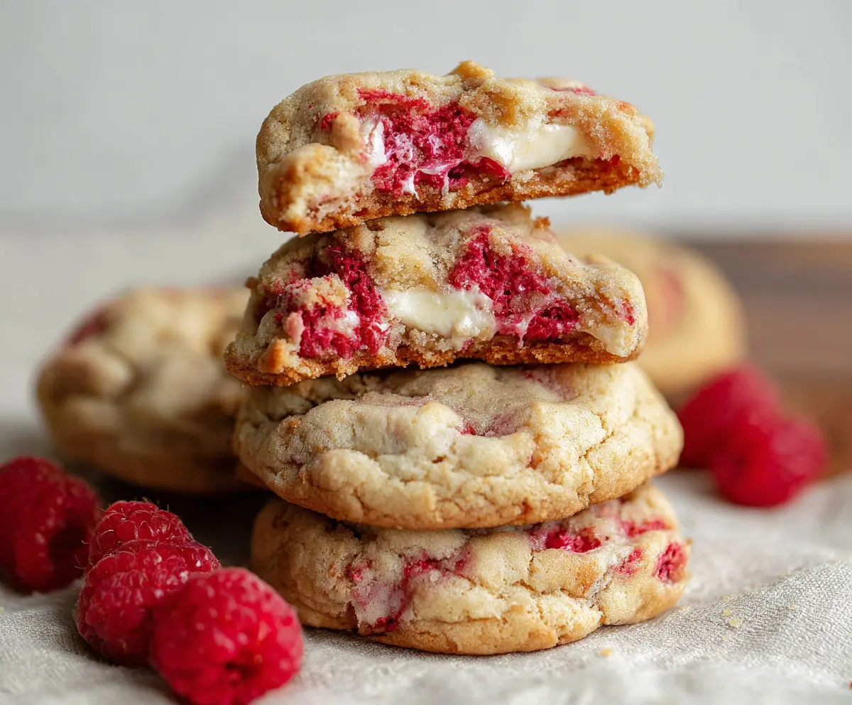 Delicious raspberry cheesecake stuffed cookies with a creamy filling and fresh raspberry topping.