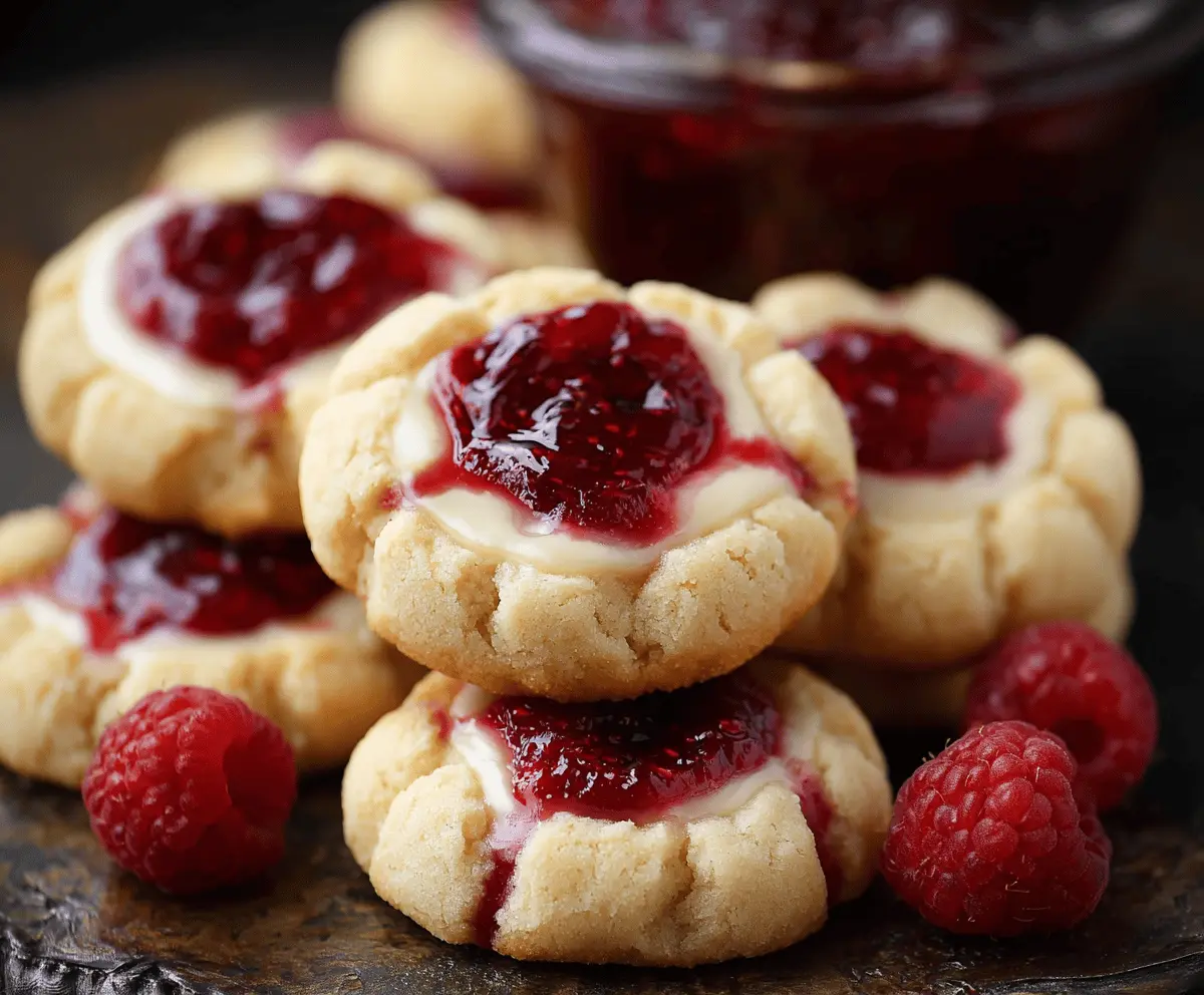 Delicious Raspberry Cheesecake Thumbprint Cookies with fresh raspberries and creamy cheesecake filling.