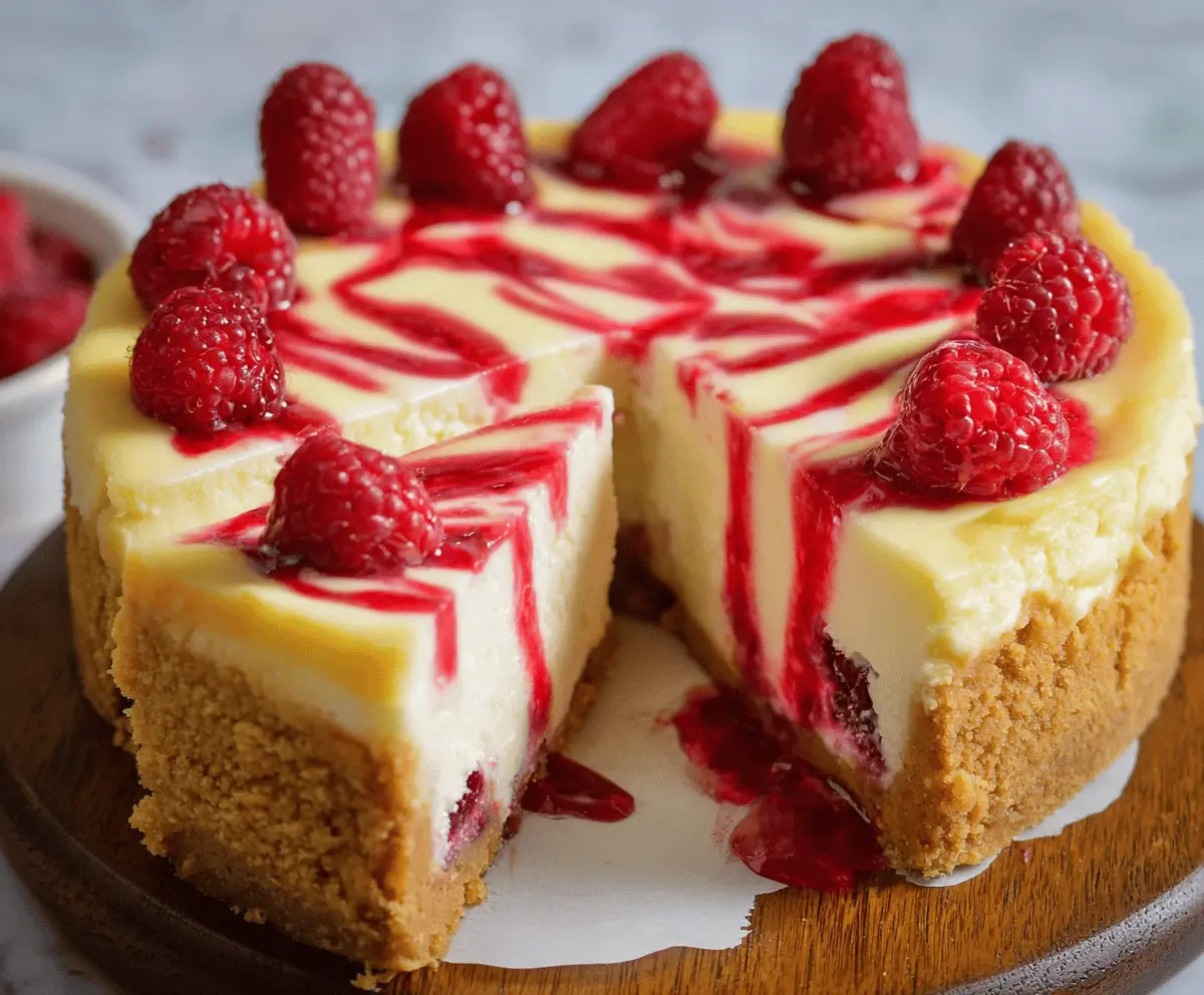 Delicious Raspberry Cheesecake topped with fresh raspberries and creamy filling