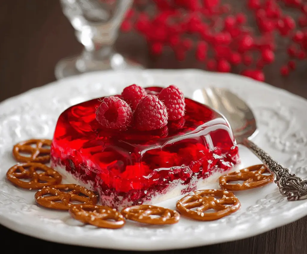 Delicious Raspberry Pretzel Jello dessert with vibrant red raspberry topping and crispy pretzel crust
