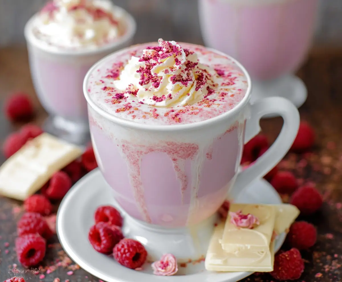Delicious raspberry and white hot chocolate in a cozy mug, topped with whipped cream and fresh raspberries.