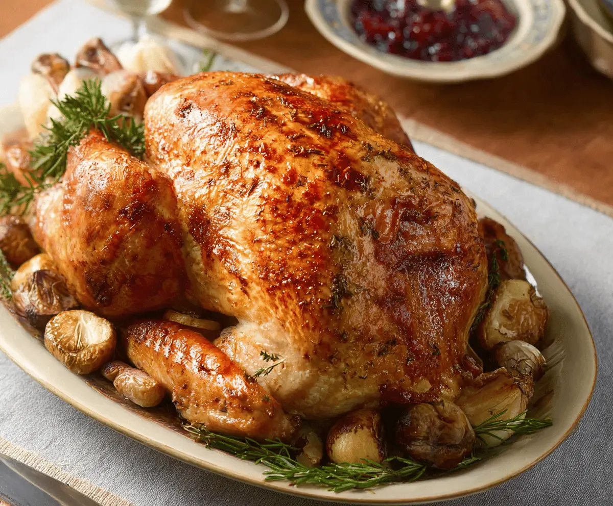 Juicy roasted turkey fresh out of the oven with golden crispy skin, perfect for holiday feasts.