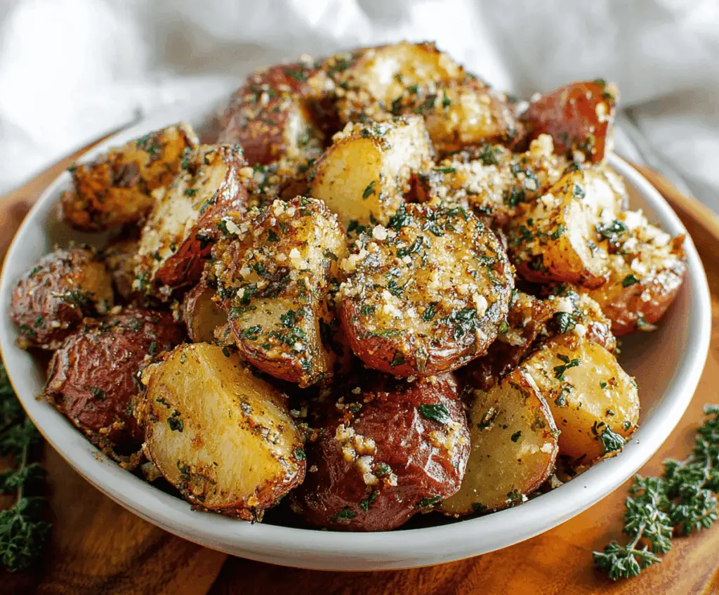 Golden roasted garlic Parmesan potatoes served on a plate, perfect for a delicious side dish.
