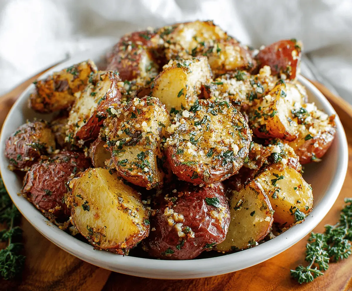 Golden roasted garlic Parmesan potatoes served on a plate, perfect for a delicious side dish.