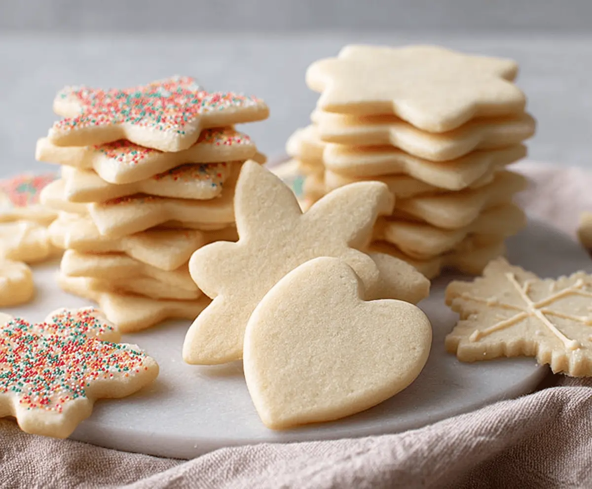 Homemade roll-out sugar cookies decorated with colorful icing and sprinkles on a baking sheet.