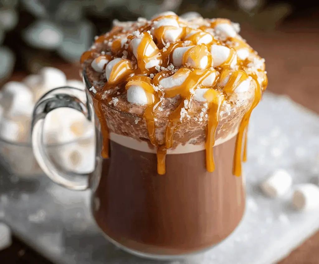 Creamy salted caramel hot chocolate topped with whipped cream and caramel drizzle, perfect for cozy winter evenings.