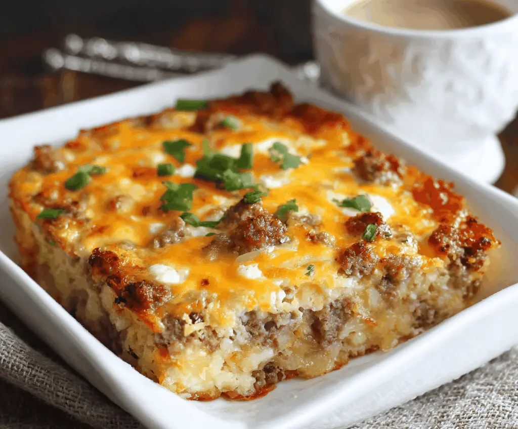 Delicious sausage, egg, cream cheese, and hashbrown breakfast casserole ready to serve.