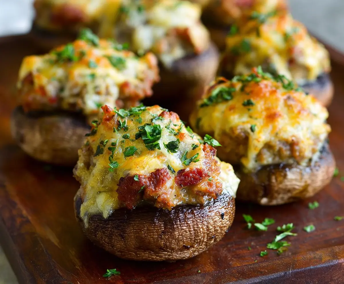 Delicious sausage stuffed mushrooms garnished with fresh herbs on a rustic plate.