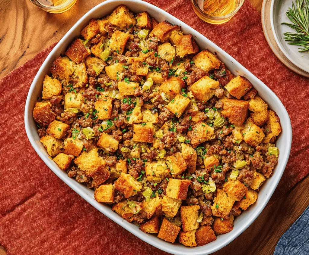 Delicious sausage stuffing served as a savory side dish for Thanksgiving or holiday dinners.