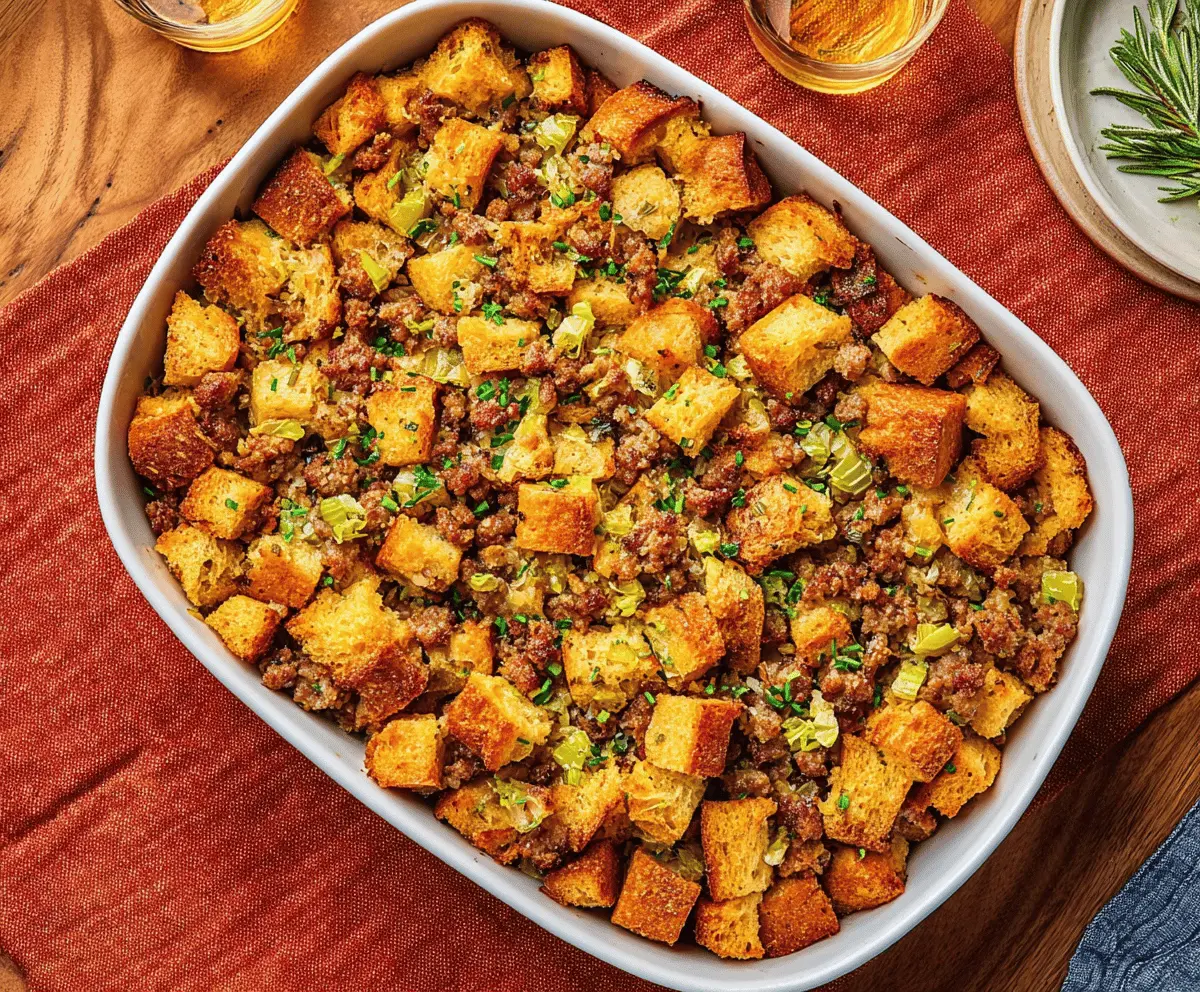 Delicious sausage stuffing served as a savory side dish for Thanksgiving or holiday dinners.