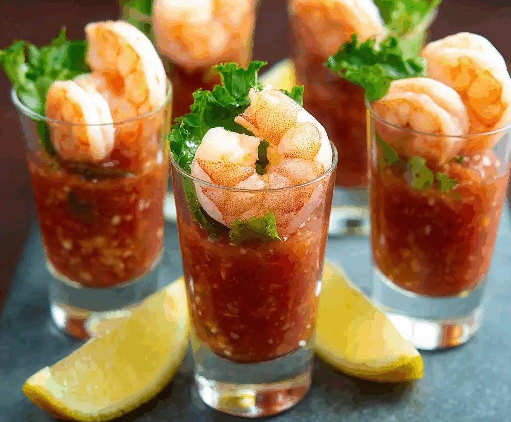 Delicious shrimp cocktail shooters served in elegant glasses with fresh lemon slices