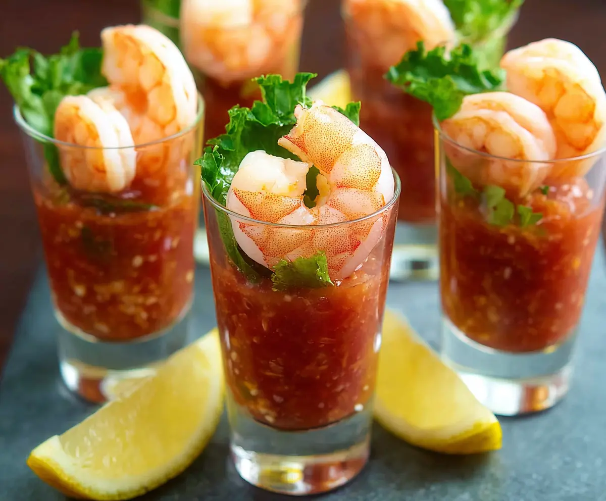 Delicious shrimp cocktail shooters served in elegant glasses with fresh lemon slices