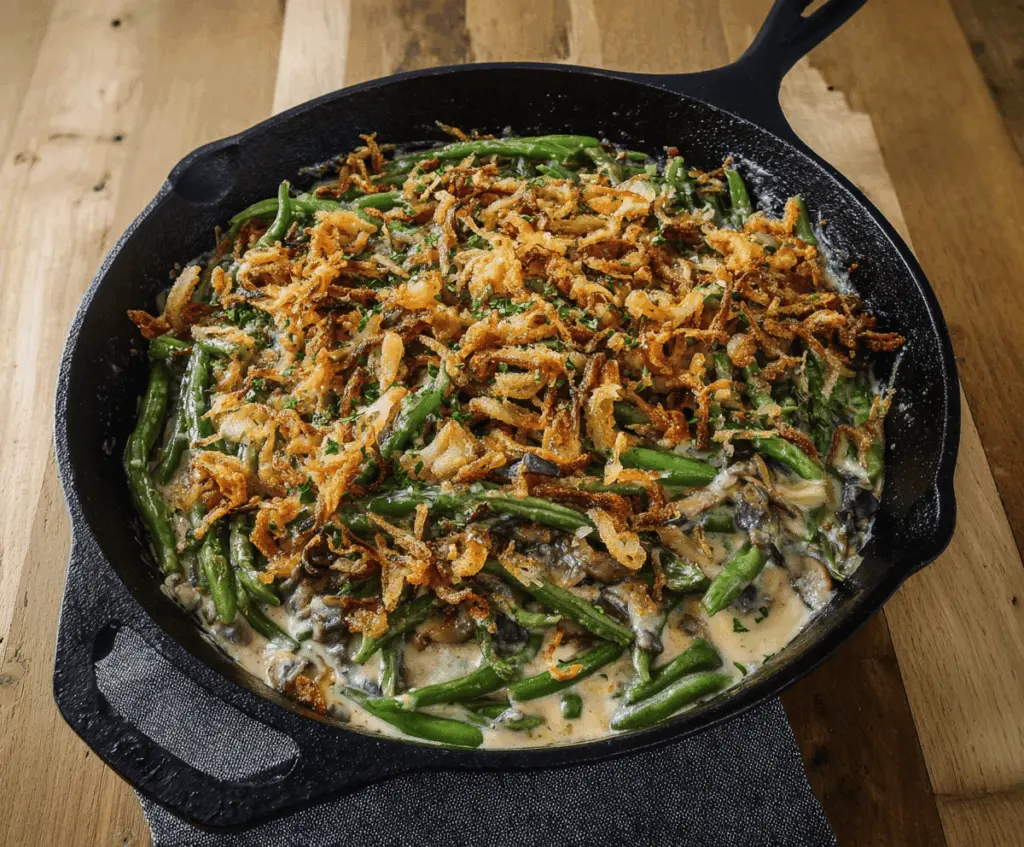 Delicious skillet Green Bean Casserole topped with crispy onions, perfect for a holiday dinner.