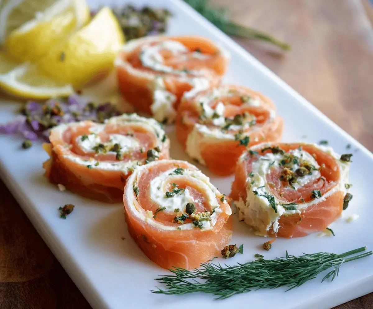 Delicious smoked salmon pinwheels with cream cheese and fresh herbs, perfect as an appetizer.