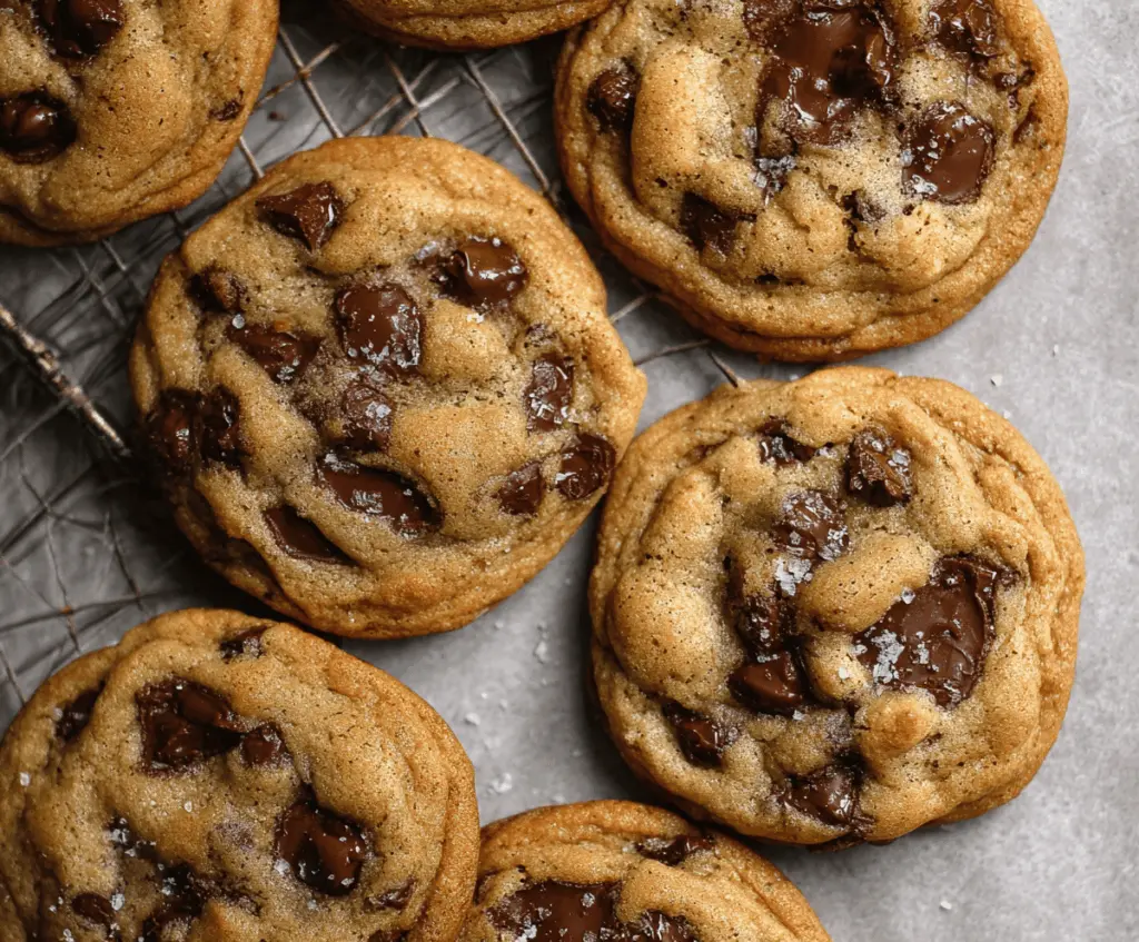 Delicious soft-batch chocolate chip cookies fresh out of the oven, featuring gooey chocolate chips and a golden-brown crust.