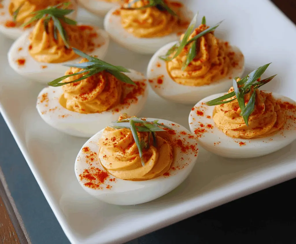 Delicious spicy Sriracha deviled eggs garnished with paprika and fresh herbs.