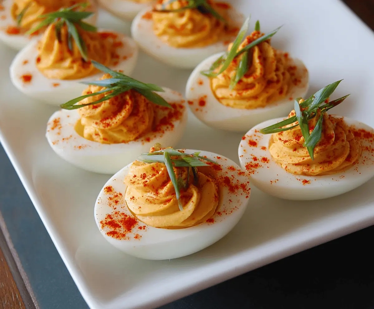 Delicious spicy Sriracha deviled eggs garnished with paprika and fresh herbs.