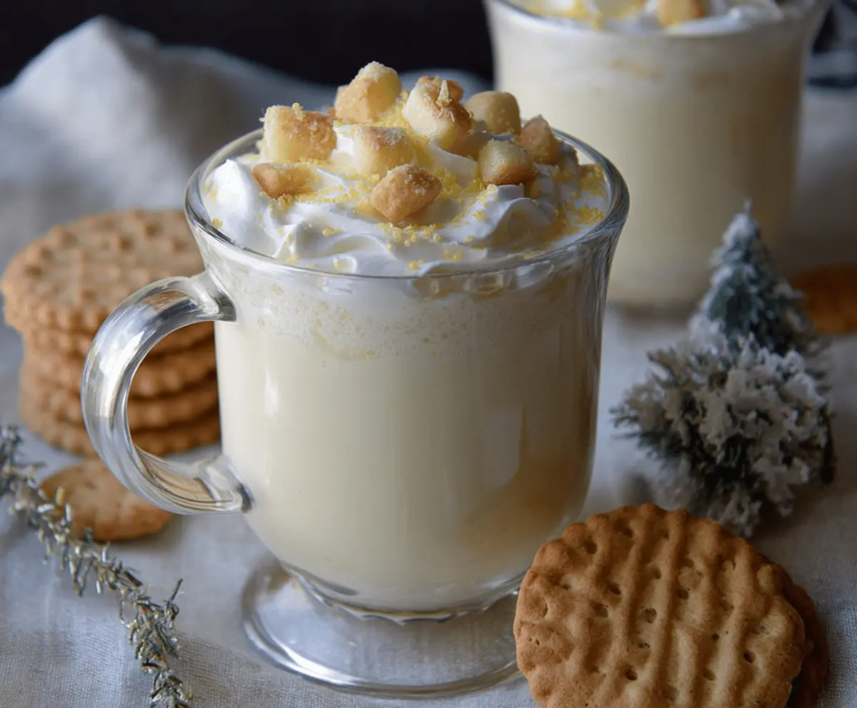 Creamy Sugar Cookie White Hot Chocolate topped with whipped cream and sprinkles, perfect for winter warmth.