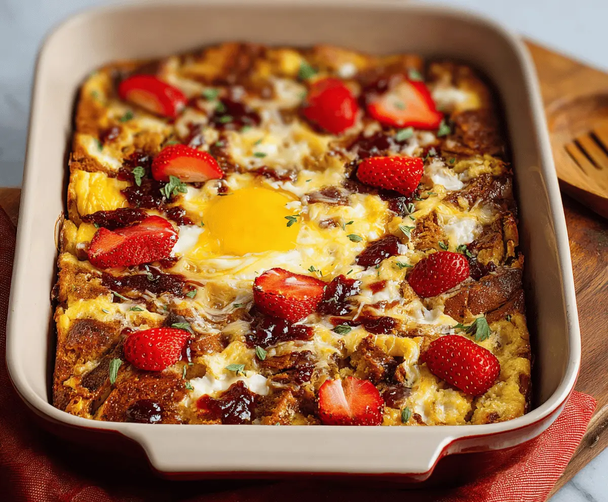 Delicious sweet breakfast casserole with fruits and cinnamon in a baking dish.