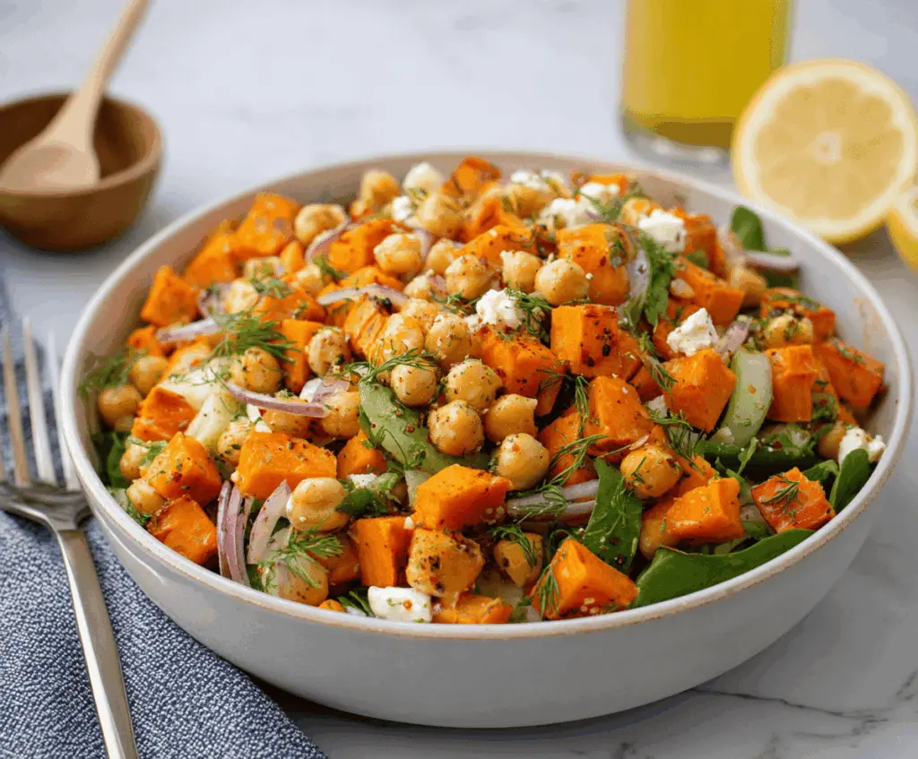 Colorful sweet potato chickpea salad with fresh greens and a light vinaigrette.