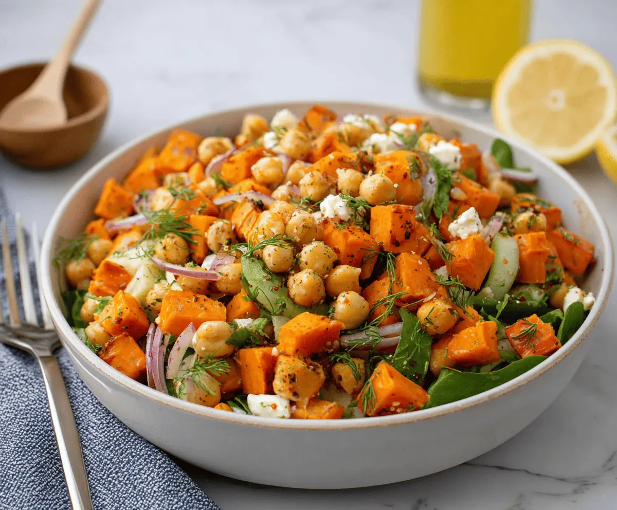 Colorful sweet potato chickpea salad with fresh greens and a light vinaigrette.