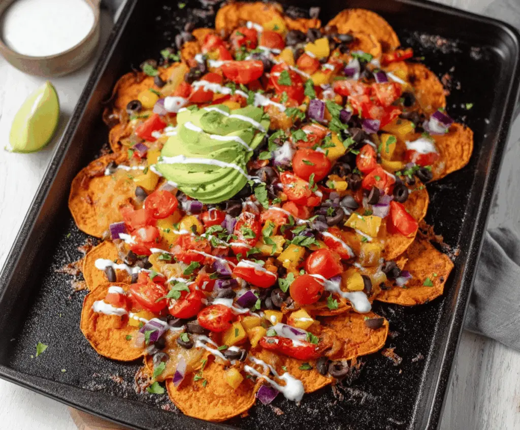 Delicious Sweet Potato Loaded Nachos topped with cheese, avocado, and fresh herbs