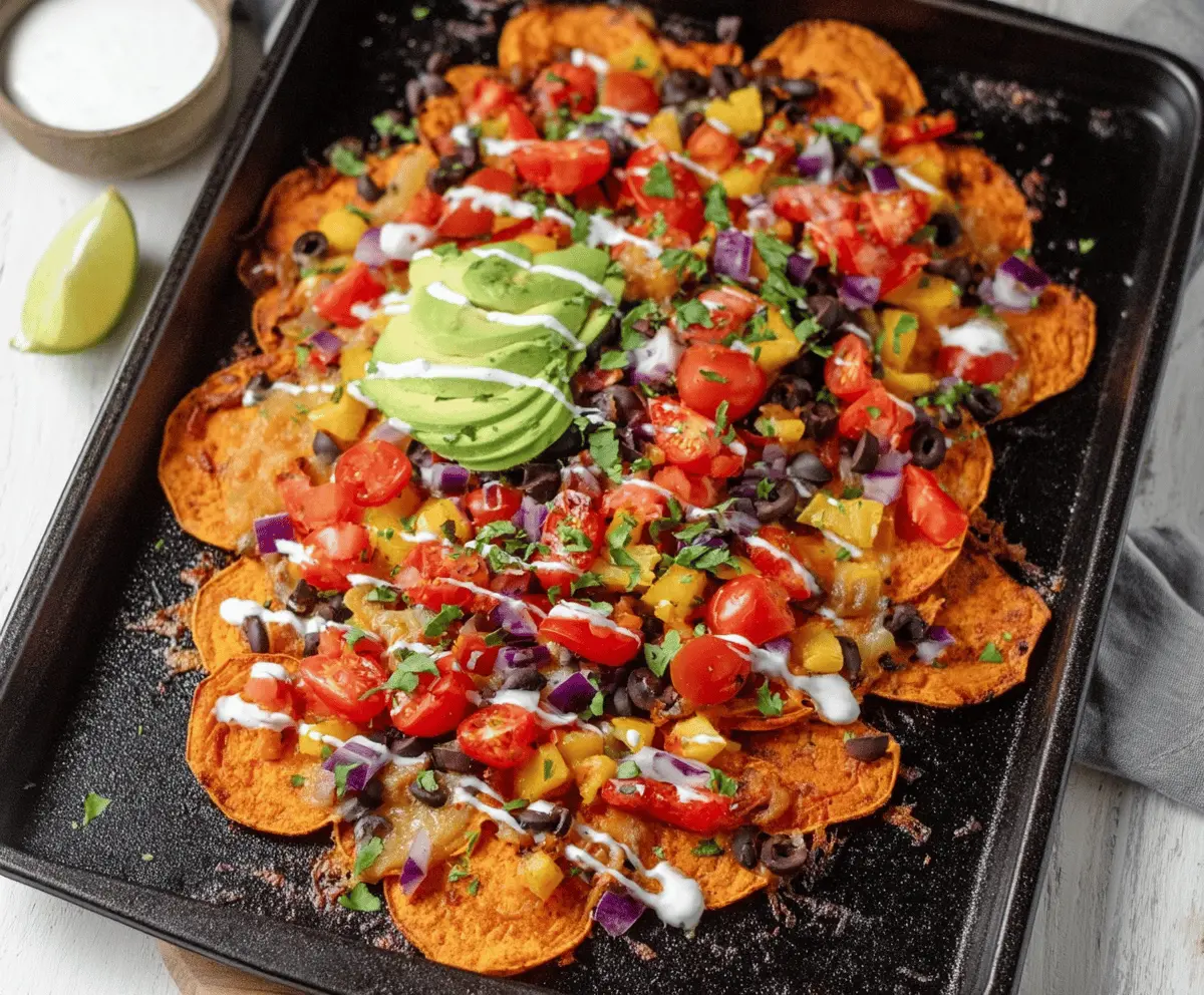 Delicious Sweet Potato Loaded Nachos topped with cheese, avocado, and fresh herbs