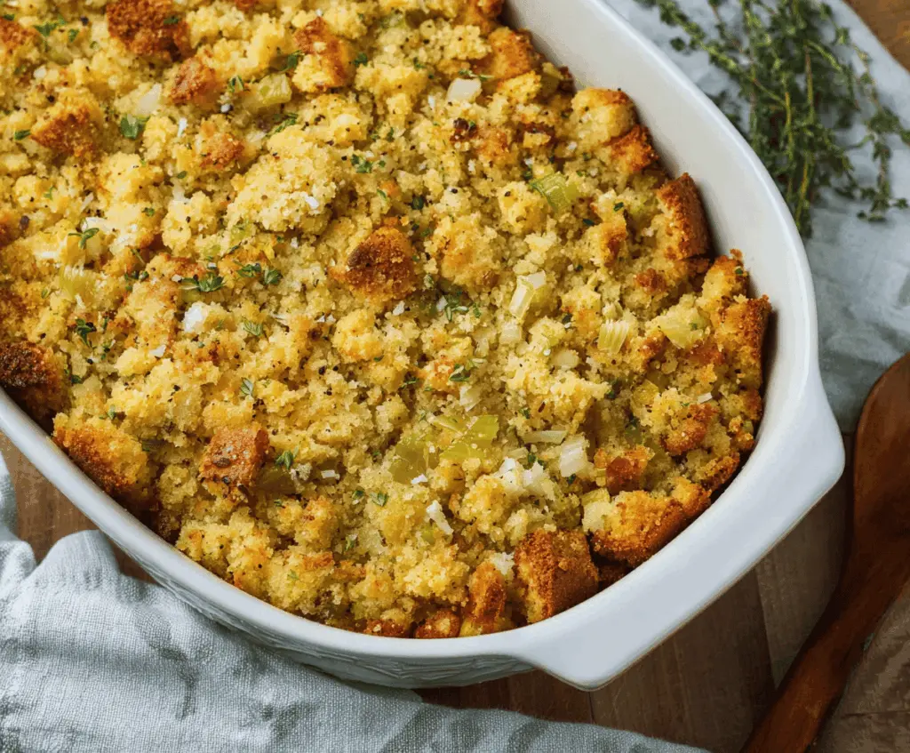 Delicious Southern Cornbread Dressing served in a rustic bowl, perfect for holiday dinners.