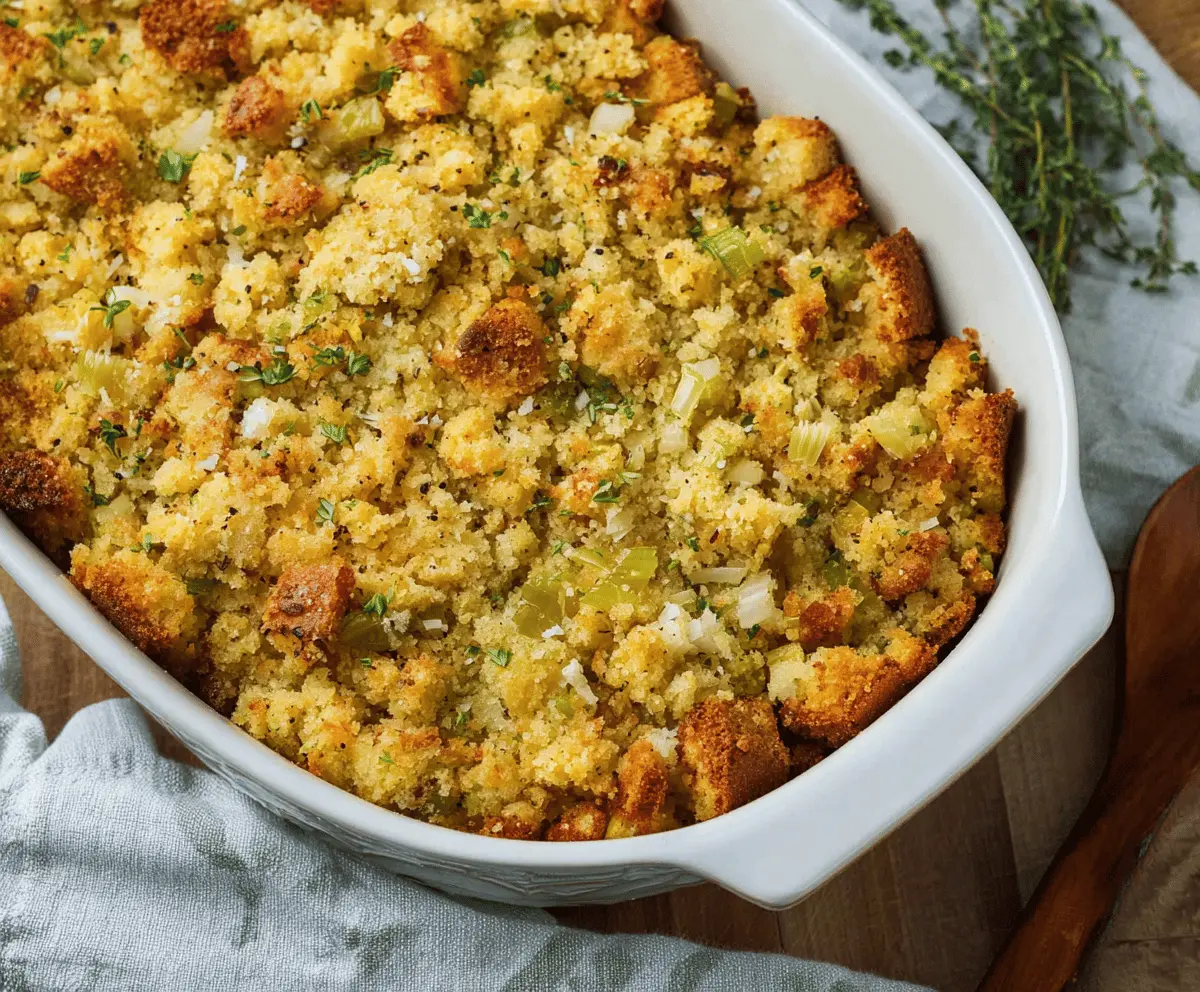Delicious Southern Cornbread Dressing served in a rustic bowl, perfect for holiday dinners.