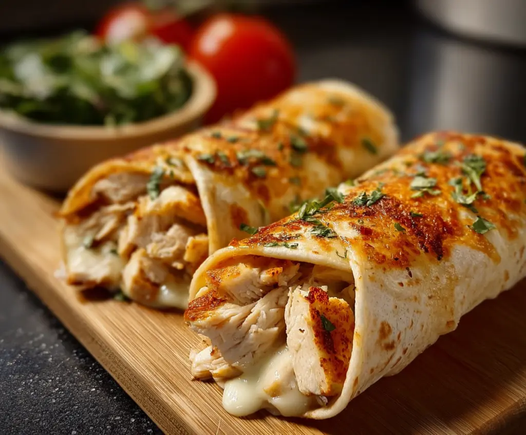 Delicious Air Fryer Chicken and Mozzarella Wraps ready to serve with melted cheese and crispy tortilla.