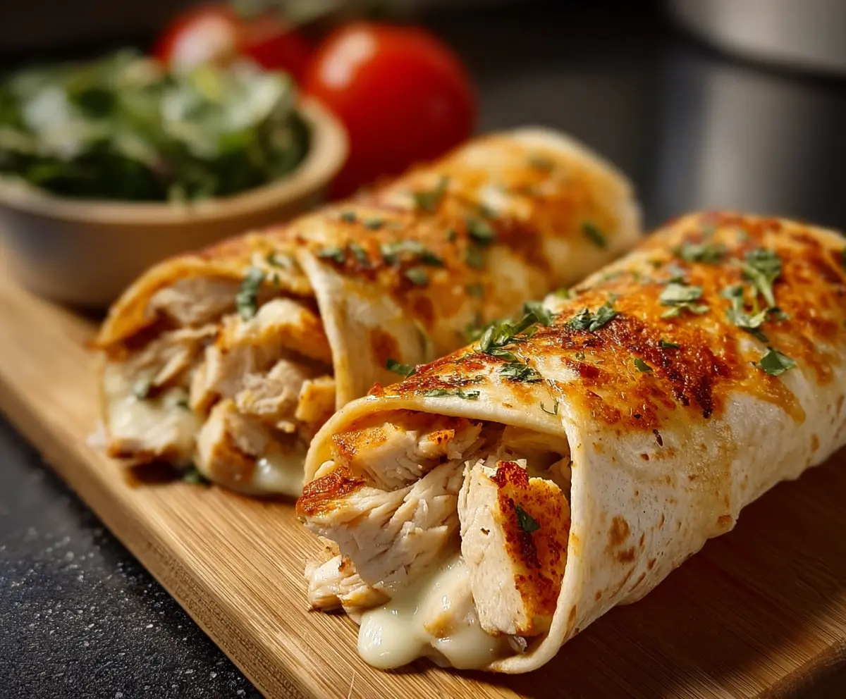 Delicious Air Fryer Chicken and Mozzarella Wraps ready to serve with melted cheese and crispy tortilla.