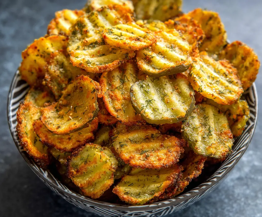 Crispy Air Fryer Spicy Dill Pickle Chips served with dipping sauce.