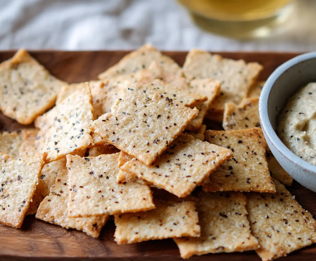 Homemade almond flour crackers on a wooden board, perfectly crafted for healthy snacking.