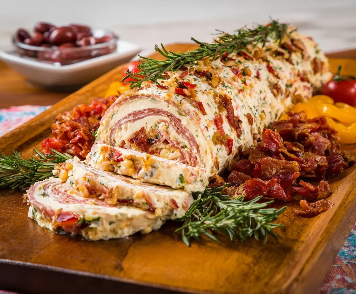Delicious antipasto cheese log appetizer with savory cured meats and cheese toppings