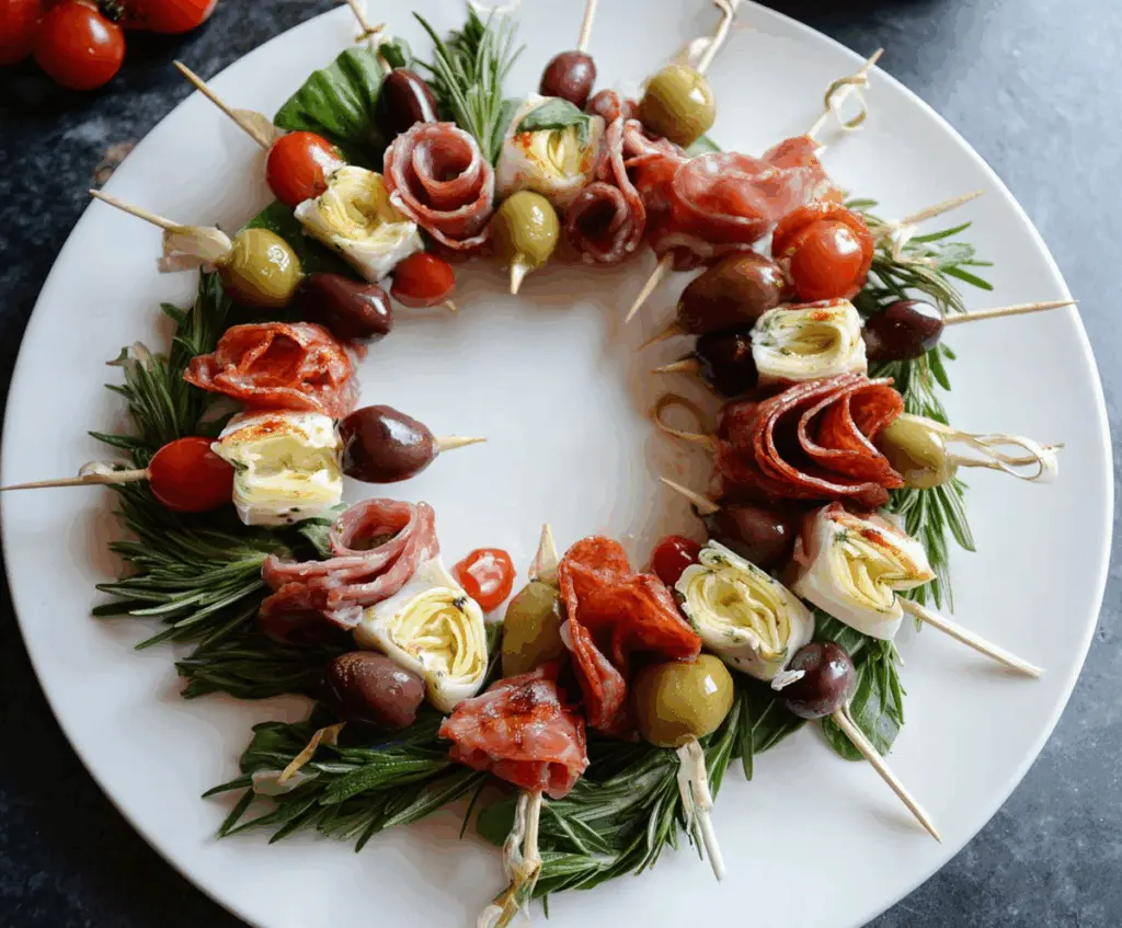 Colorful antipasto wreath skewers with Italian meats, cheeses, and vegetables on a festive platter.