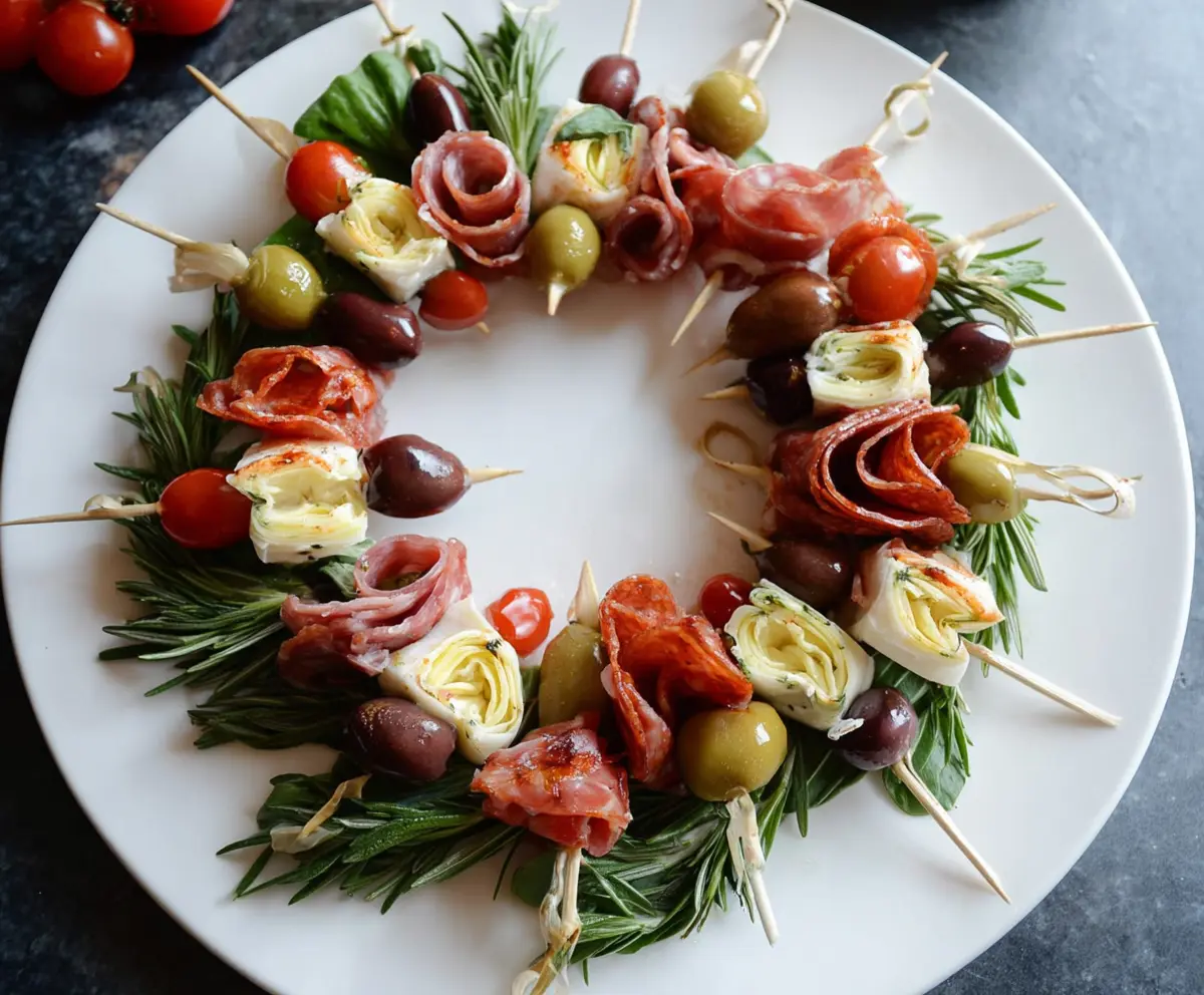 Colorful antipasto wreath skewers with Italian meats, cheeses, and vegetables on a festive platter.