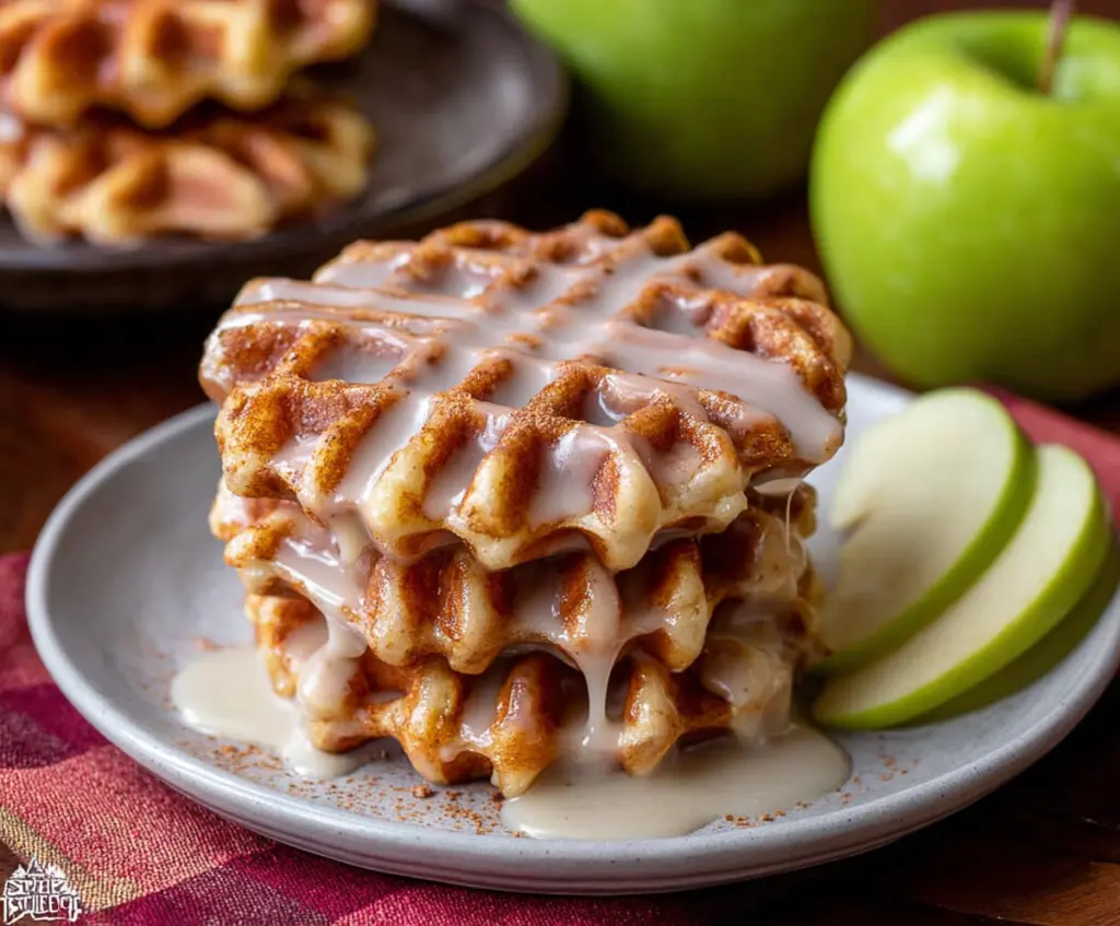 Delicious apple fritter waffle donuts topped with powdered sugar and caramel drizzle.