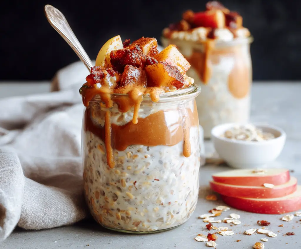 Creamy overnight oats topped with fresh apple slices and cinnamon for Apple Pie Overnight Oats.
