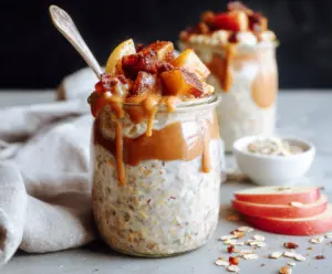 Creamy overnight oats topped with fresh apple slices and cinnamon for Apple Pie Overnight Oats.