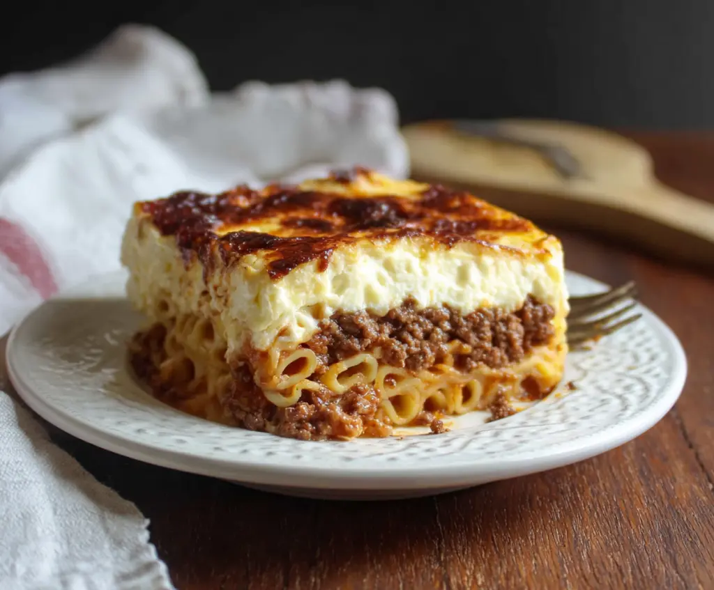 Homemade authentic Greek Pastitsio with layered pasta, spiced meat sauce, and béchamel topping.