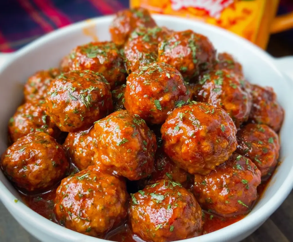 Delicious meatballs topped with creamy Awesome Sauce, served on a white plate.