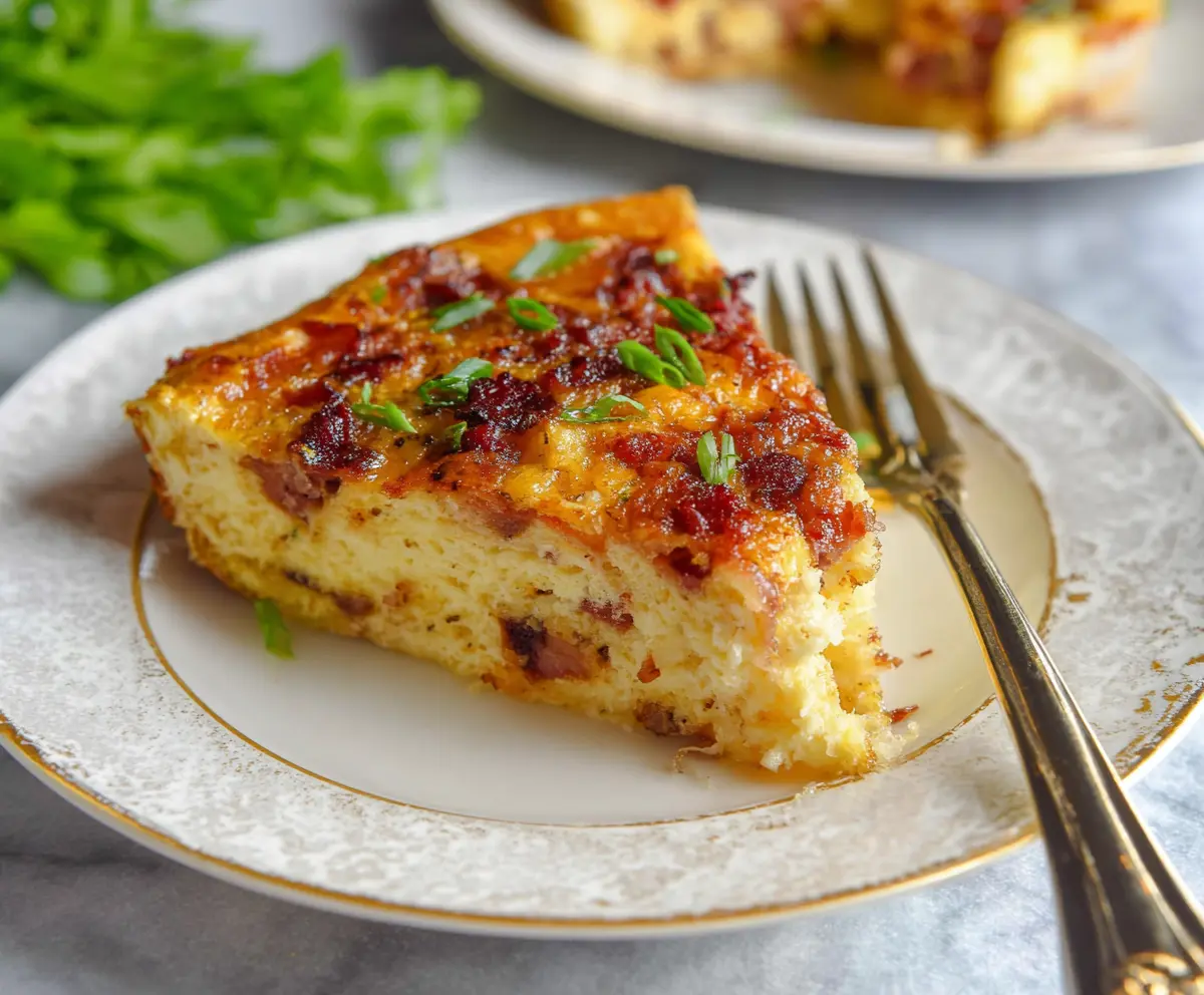 Delicious bacon and cheese crustless quiche served on a plate, perfect for breakfast or brunch