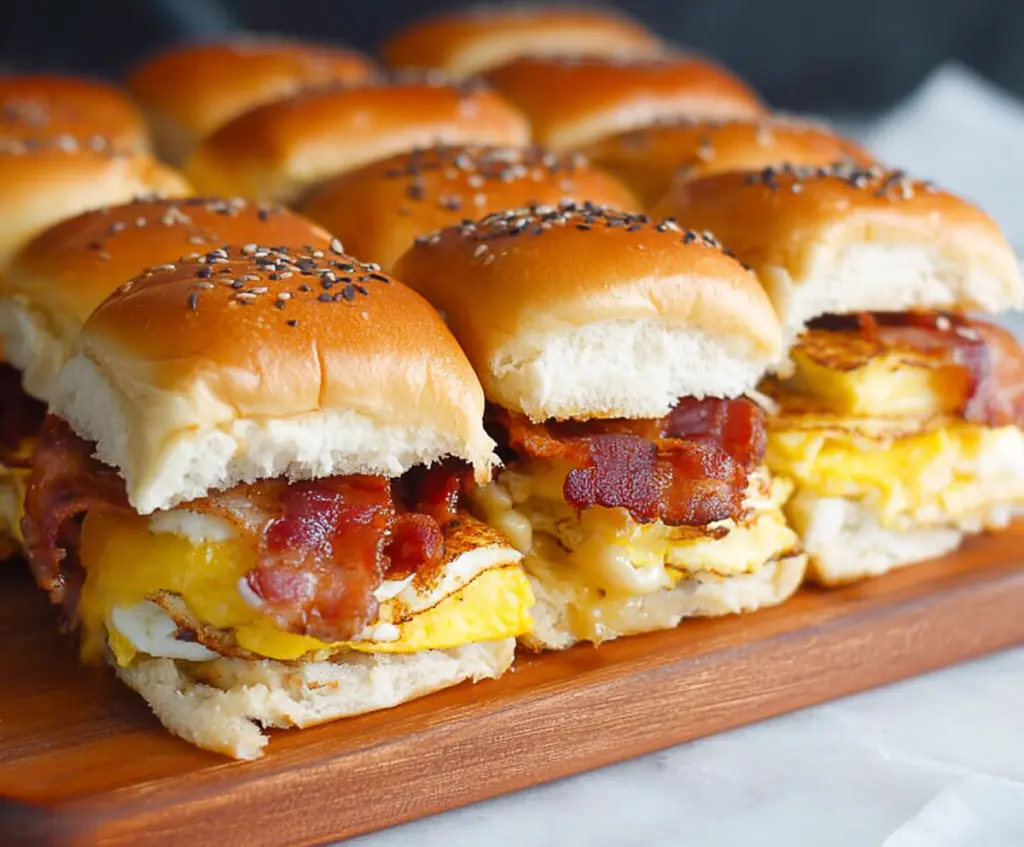 Delicious Bacon Egg and Cheese Breakfast Sliders on a breakfast plate