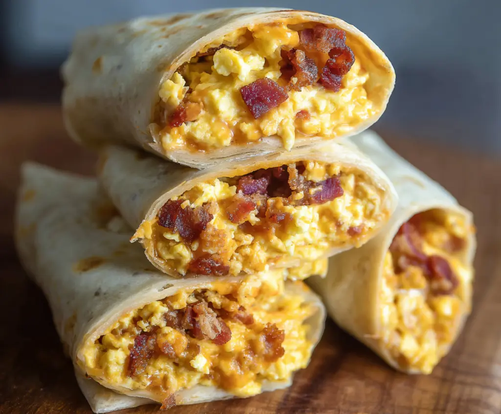 Delicious bacon egg burrito with melted cheese and fresh ingredients, perfect for breakfast or brunch.