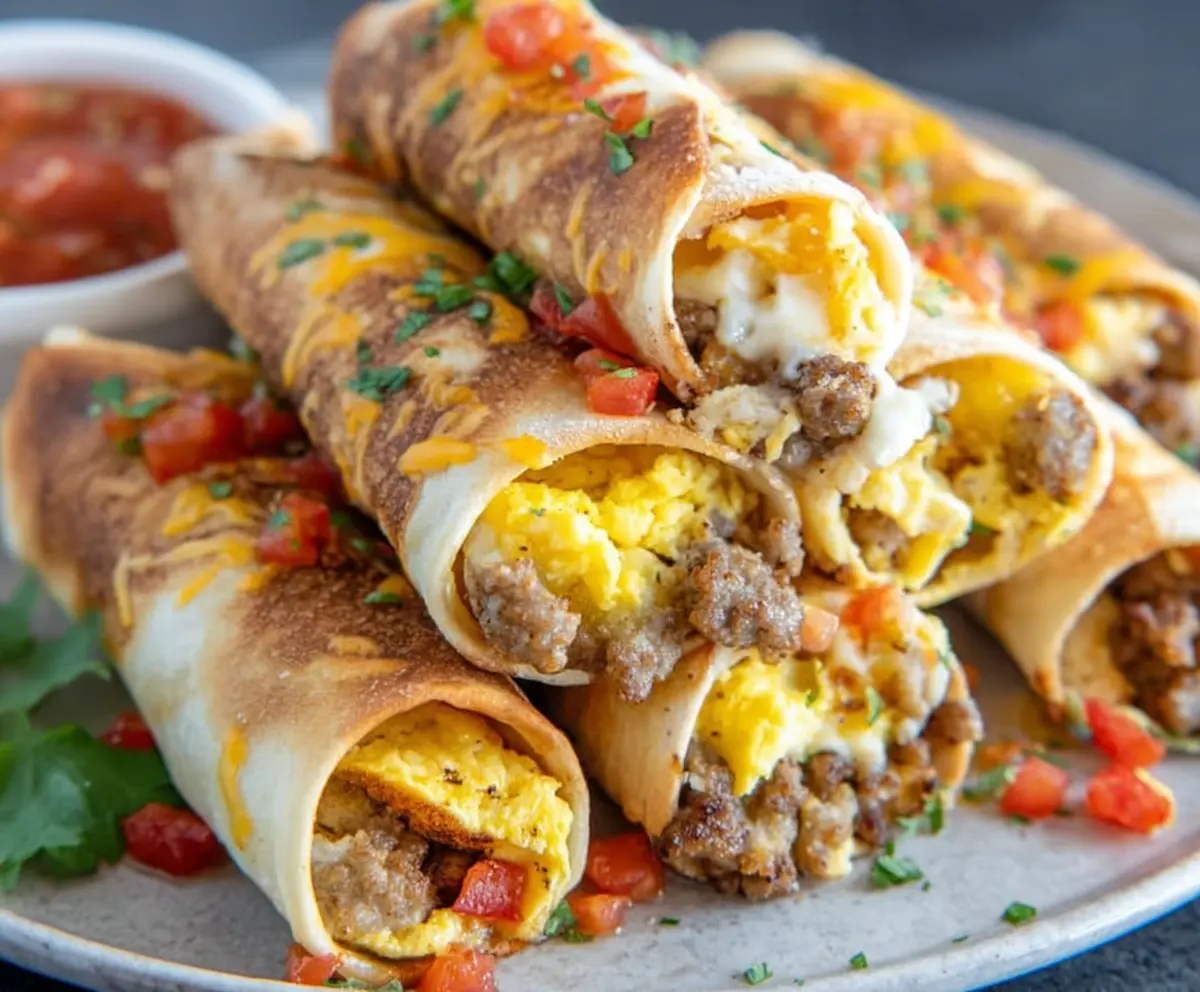 Delicious baked breakfast burrito taquitos filled with eggs, cheese, and vegetables on a plate.