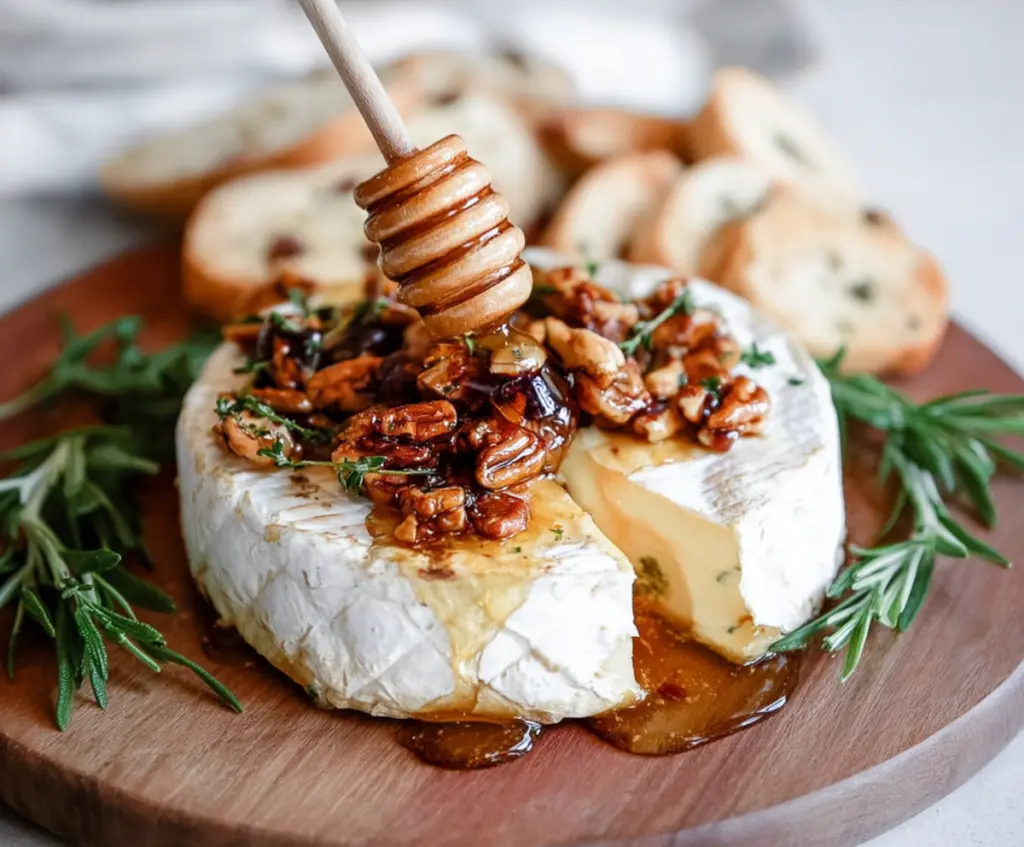 Delicious baked brie cheese topped with honey and mixed nuts, served on a wooden platter for an elegant appetizer.