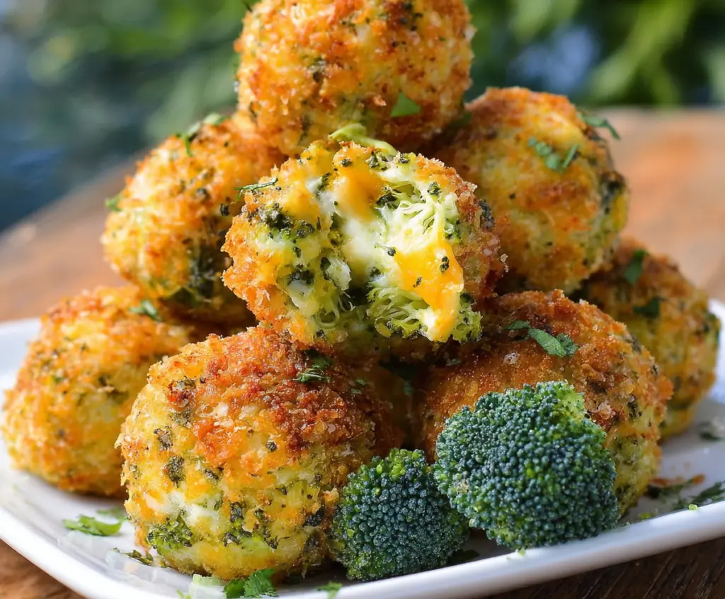 Delicious baked broccoli cheese balls on a plate, perfect for a healthy snack or appetizer.