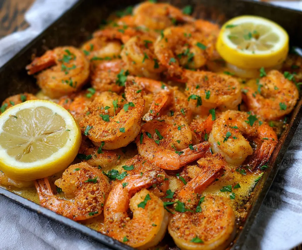 Delicious baked Cajun shrimp garnished with herbs, perfect for a flavorful seafood meal.