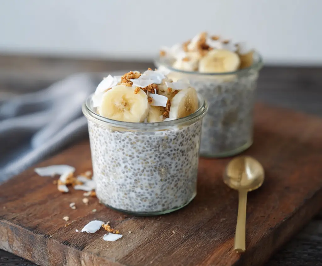 Delicious Banana Coconut Milk Chia Seed Pudding in a glass bowl garnished with banana slices and shredded coconut.